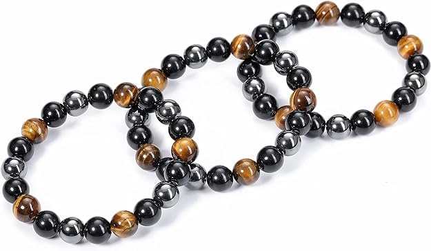 Black Obsidian Tiger Eye, Hematite Stone Bracelets for Men Women 8mm Natural Round Gemstone Beads Beaded Healing Crystal Bracelet for Protection, Good Luck