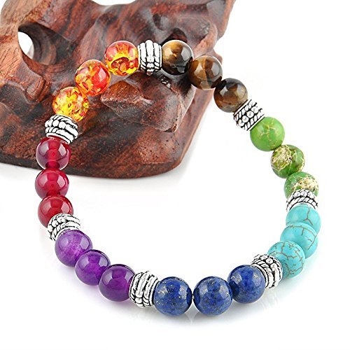 Young & Forever Gift D'Vine 7 Chakra Certified Natural Stones Reiki Healing Meditation and Protection 8-9mm Crystal Beads Multicolor Bracelet for Men and Women
