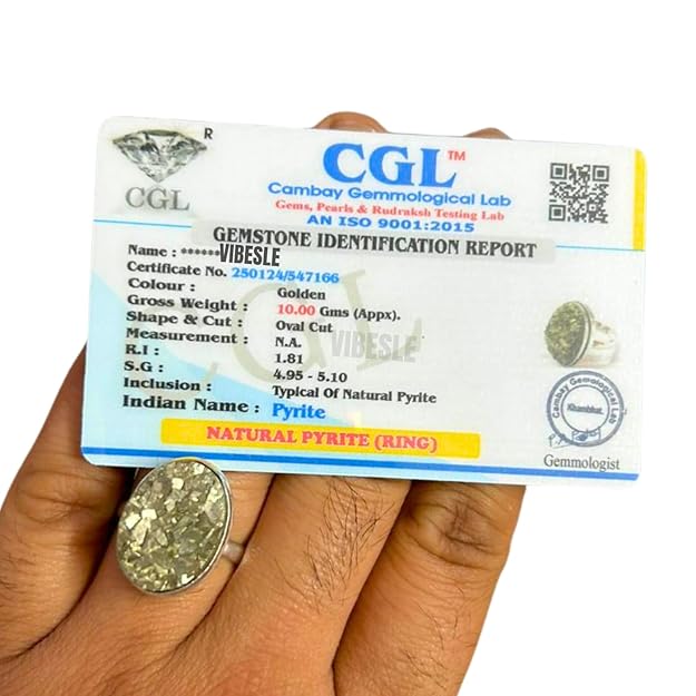 VIBESLE Original Pyrite Stone Ring - Certified Pyrite Ring for Men and Women - Natural Pirate Stone Crystal Ring for Money, Abundance, Raw Pyrite Geode adjustable With Lab Test Certificate Report