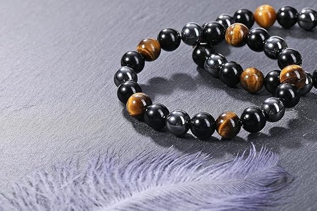 Black Obsidian Tiger Eye, Hematite Stone Bracelets for Men Women 8mm Natural Round Gemstone Beads Beaded Healing Crystal Bracelet for Protection, Good Luck