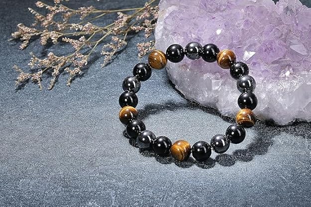 Black Obsidian Tiger Eye, Hematite Stone Bracelets for Men Women 8mm Natural Round Gemstone Beads Beaded Healing Crystal Bracelet for Protection, Good Luck