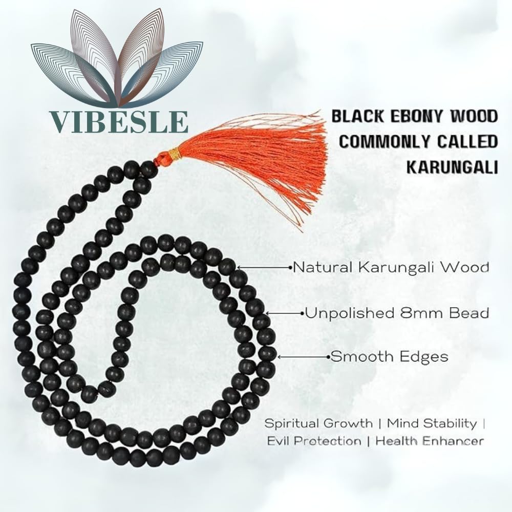 Karungali Malai - Natural Ebony Beads Mala with Goverment Lab Test Certification - Authentic Black Ebony Wood 108 Beads Karukali Karungi Mala for Meditaon & Spiritual Growth Size 8mm Brand VIBESLE