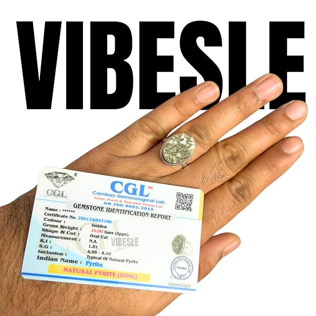 VIBESLE Original Pyrite Stone Ring - Certified Pyrite Ring for Men and Women - Natural Pirate Stone Crystal Ring for Money, Abundance, Raw Pyrite Geode adjustable With Lab Test Certificate Report