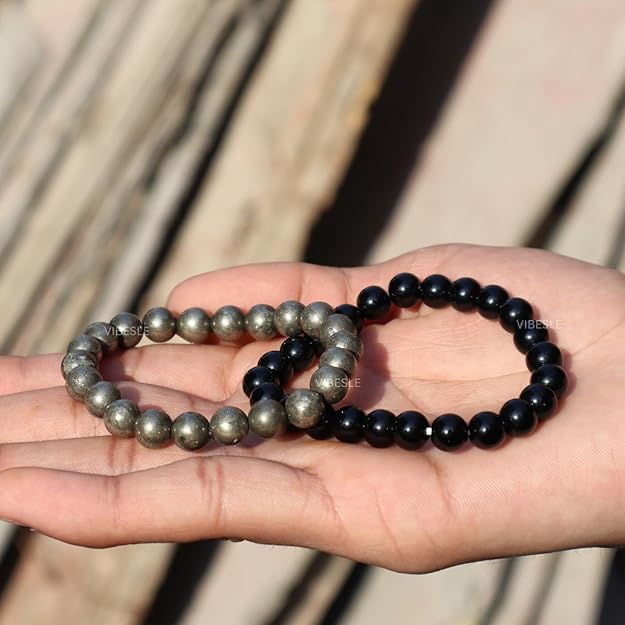 VIBESLE Combo Of Original Certified Pyrite Stone Unisex-Adult Bracelet & Black Tourmaline Bracelet Lab Test Certificate, Crystal Attracts Business Luck Protective Energy Wealth Finance