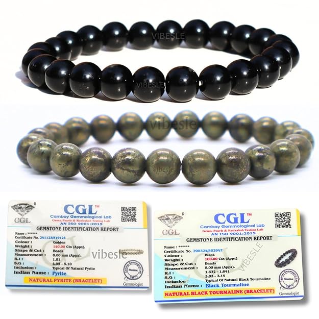VIBESLE Combo Of Original Certified Pyrite Stone Unisex-Adult Bracelet & Black Tourmaline Bracelet Lab Test Certificate, Crystal Attracts Business Luck Protective Energy Wealth Finance