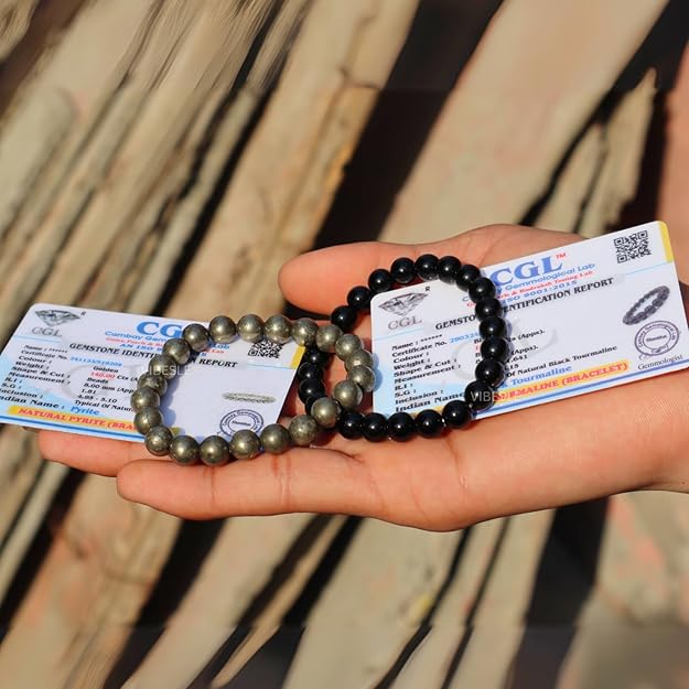 VIBESLE Combo Of Original Certified Pyrite Stone Unisex-Adult Bracelet & Black Tourmaline Bracelet Lab Test Certificate, Crystal Attracts Business Luck Protective Energy Wealth Finance