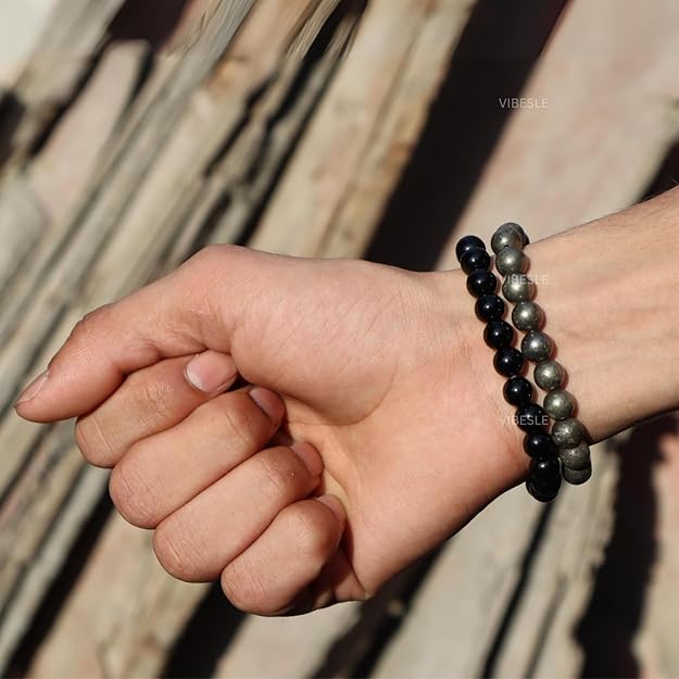 VIBESLE Combo Of Original Certified Pyrite Stone Unisex-Adult Bracelet & Black Tourmaline Bracelet Lab Test Certificate, Crystal Attracts Business Luck Protective Energy Wealth Finance