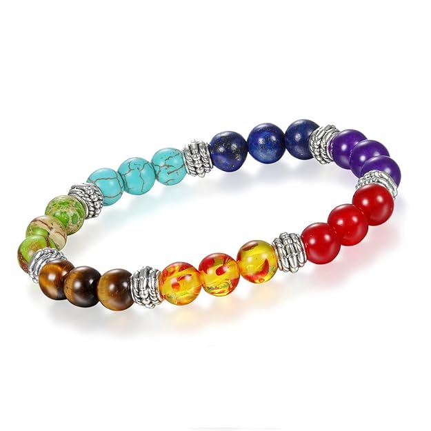 Young & Forever Gift D'Vine 7 Chakra Certified Natural Stones Reiki Healing Meditation and Protection 8-9mm Crystal Beads Multicolor Bracelet for Men and Women