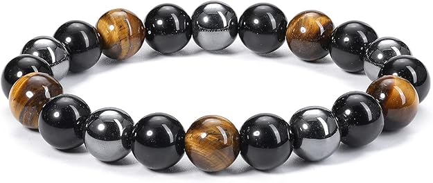 Black Obsidian Tiger Eye, Hematite Stone Bracelets for Men Women 8mm Natural Round Gemstone Beads Beaded Healing Crystal Bracelet for Protection, Good Luck