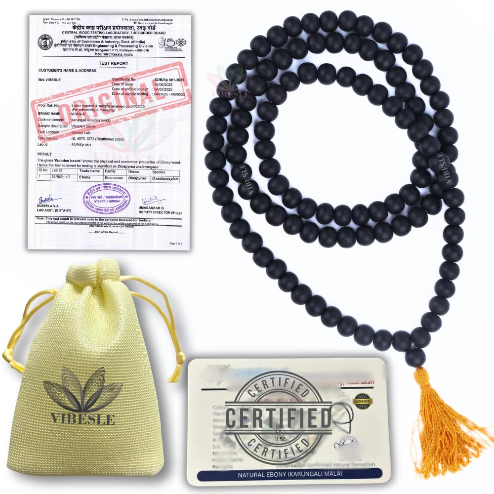 Karungali Malai - Natural Ebony Beads Mala with Goverment Lab Test Certification - Authentic Black Ebony Wood 108 Beads Karukali Karungi Mala for Meditaon & Spiritual Growth Size 8mm Brand VIBESLE