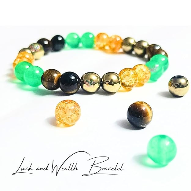 VIBESLE Money Magnate Crystal Bracelet for Wealth, Confidence, Luck, and Protection - Citrine, Tiger Eye, Aventurine, Pyrite, Healing Crystals Stone Multi Beads Bracelet
