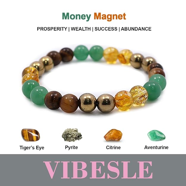 VIBESLE Money Magnate Crystal Bracelet for Wealth, Confidence, Luck, and Protection - Citrine, Tiger Eye, Aventurine, Pyrite, Healing Crystals Stone Multi Beads Bracelet