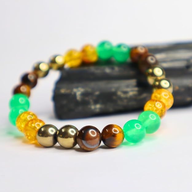 VIBESLE Money Magnate Crystal Bracelet for Wealth, Confidence, Luck, and Protection - Citrine, Tiger Eye, Aventurine, Pyrite, Healing Crystals Stone Multi Beads Bracelet
