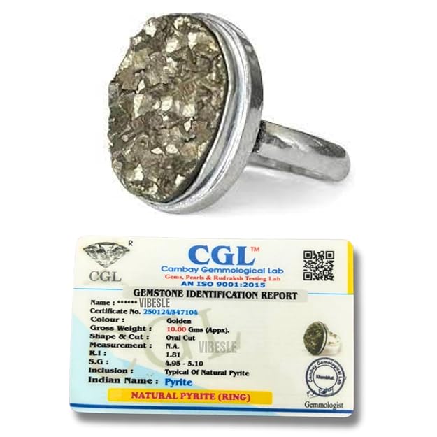 VIBESLE Original Pyrite Stone Ring - Certified Pyrite Ring for Men and Women - Natural Pirate Stone Crystal Ring for Money, Abundance, Raw Pyrite Geode adjustable With Lab Test Certificate Report